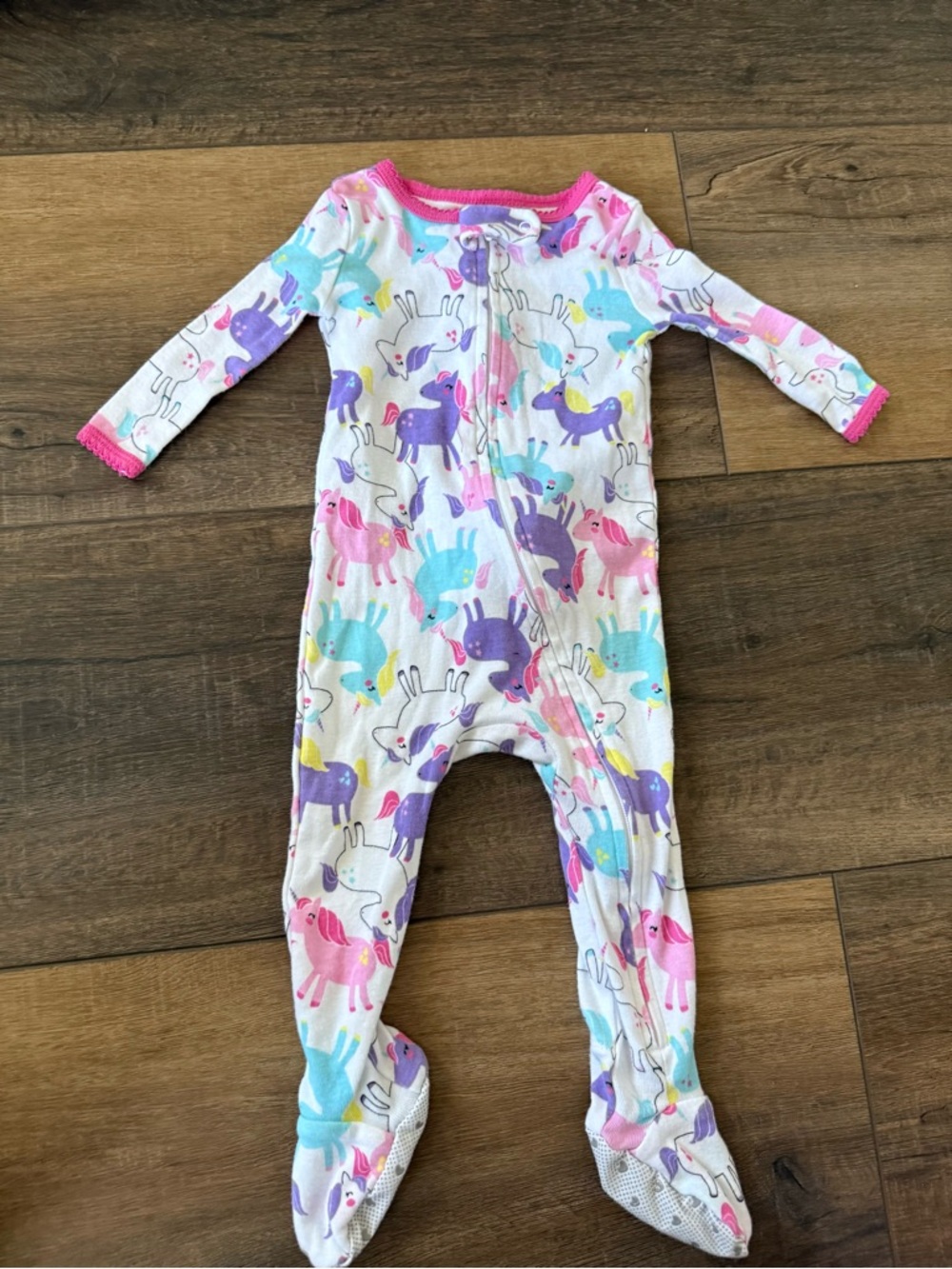 Girls' White Unicorn Print Footed One-Piece with Pink Trim 6 months members mark